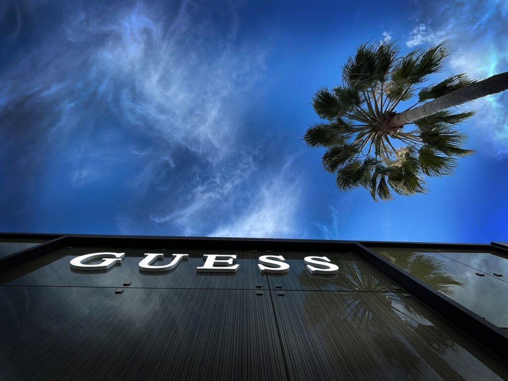 GUESS storefront channel letter sign in Beverly Hills CA with palm tree and blue sky.