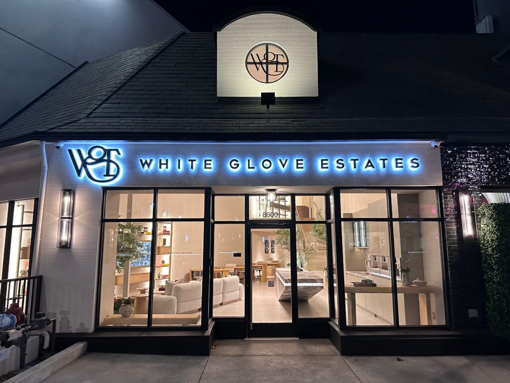retail storefront halo lit sign white glove estates beverly hills