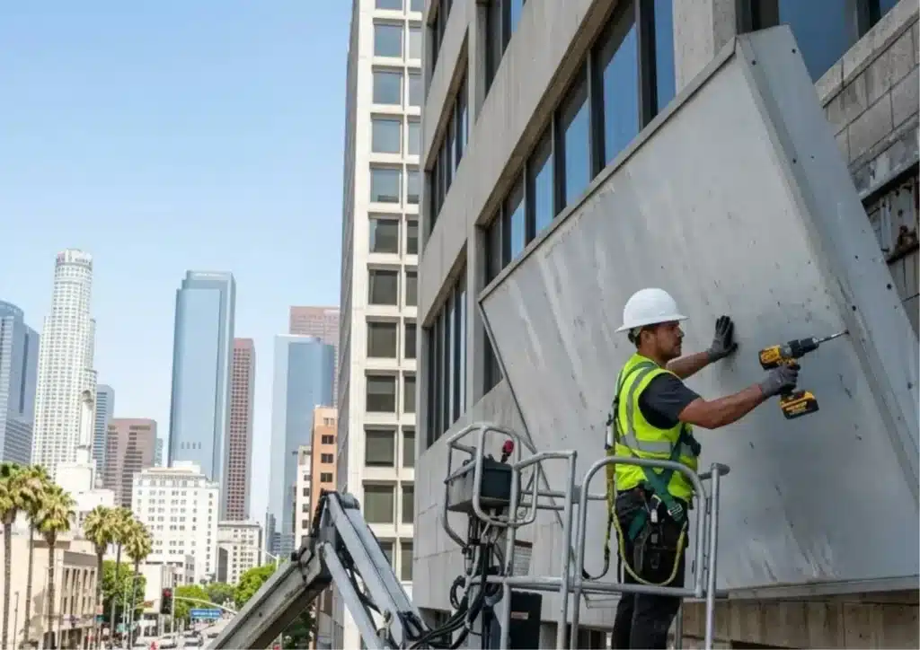 Worker on a boom lift removing a sign from a building in Downtown Los Angeles